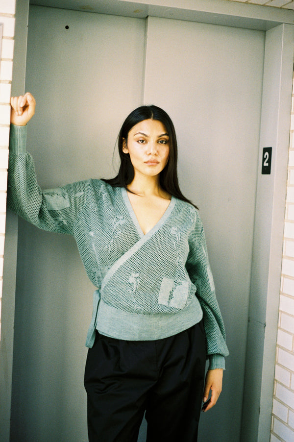 Flora wrap knit top in green